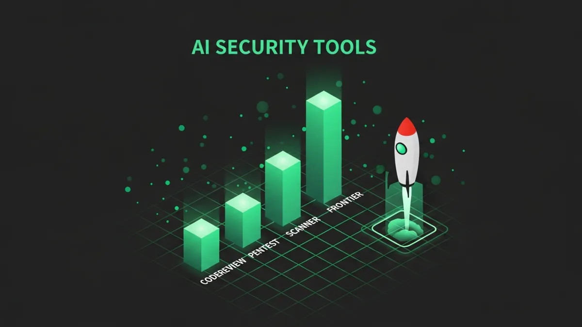 Bar Chart Infografik vier aufsteigende grüne Balken zeigt KI Security Tools im Überblick 2026