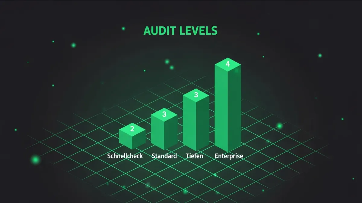 Grünes Säulendiagramm vier Audit Stufen Schnellcheck bis Enterprise