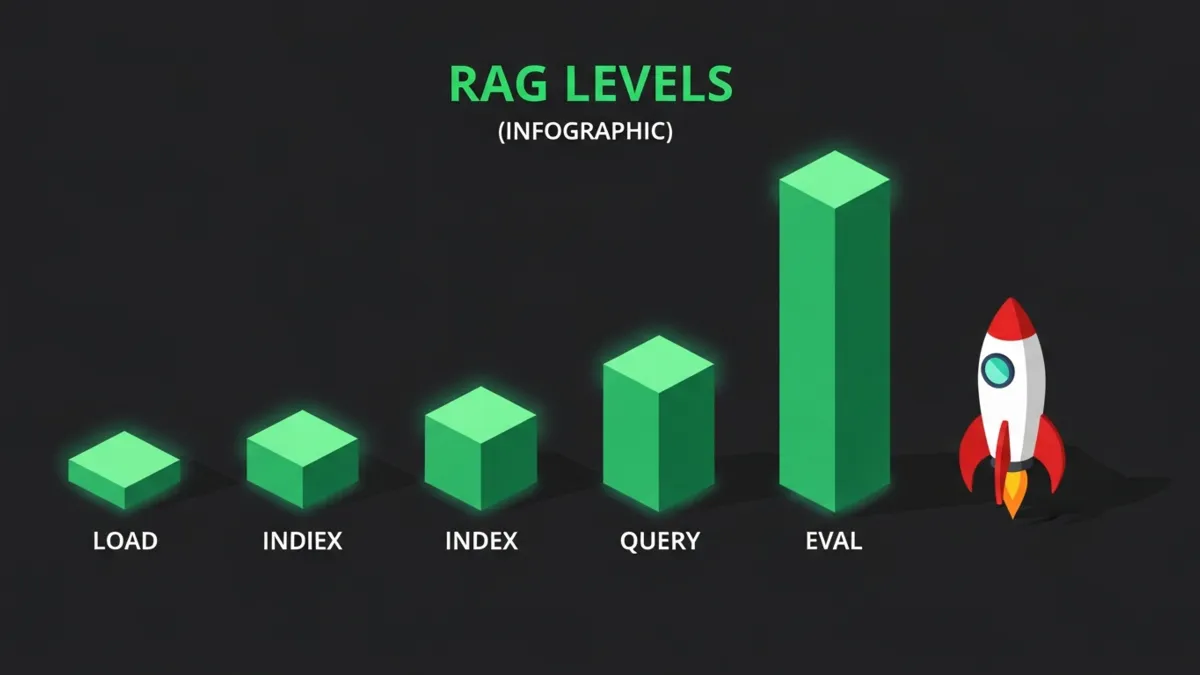Aufsteigendes Säulendiagramm der vier RAG Pipeline Phasen Loading, Indexing, Querying, Evaluating. Inhalt steht textuell in der Tabelle darüber.