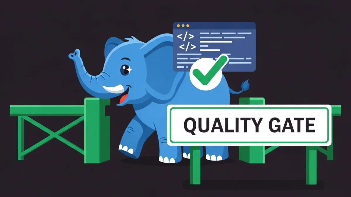 Blauer Cartoon Elefant passiert grüne Schranke mit Code Block und Häkchen
