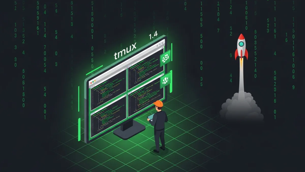 Grüner tmux Split-Screen mit Worker und Rakete, Matrix-Stil