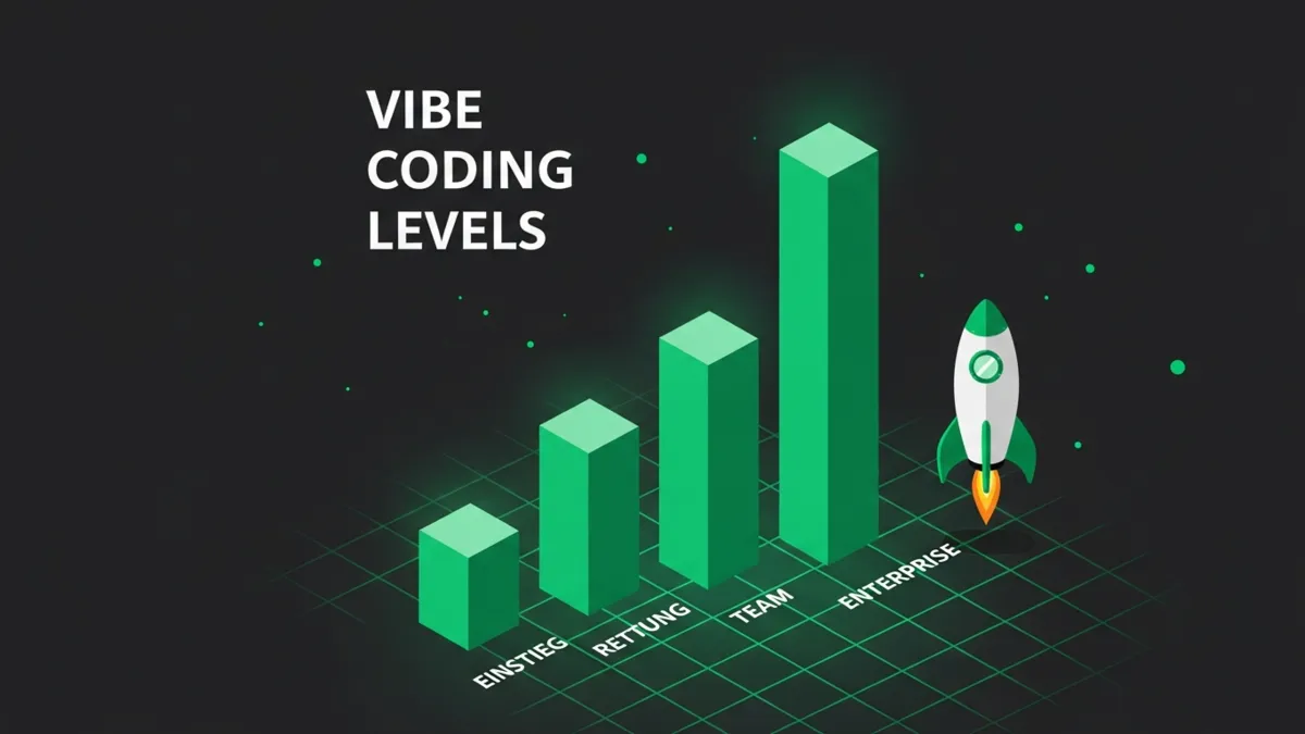 Grünes Säulendiagramm der vier Vibe Coding Beratungsstufen Einstieg bis Enterprise
