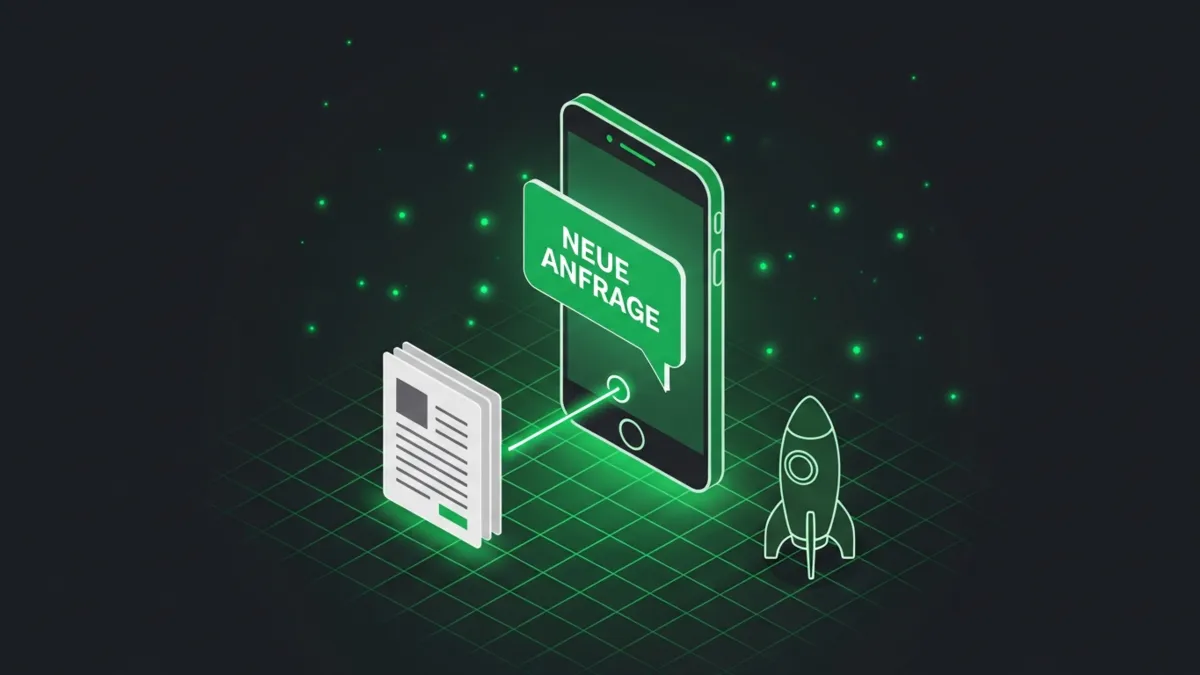 Grün leuchtendes Smartphone mit Chat Bubble Neue Anfrage neben Formular Card