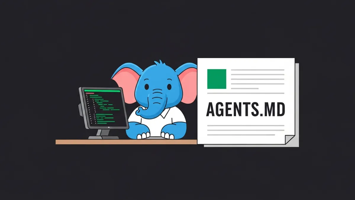 Blauer Cartoon Elefant am Schreibtisch neben geöffneter AGENTS.md Datei