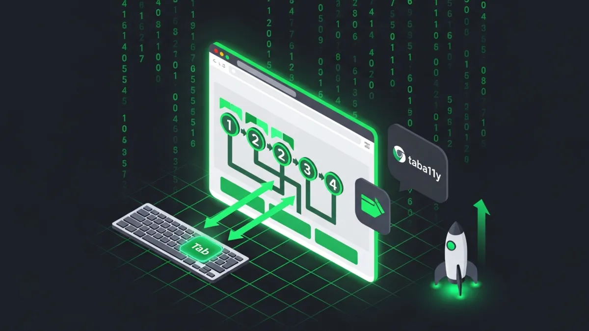 Browser mit taba11y Extension, Tab-Order-Pfad und Tastatur, grün isometrisch