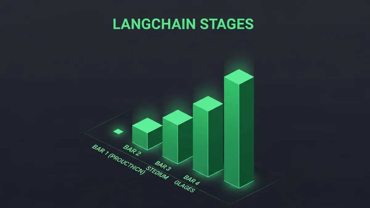 Aufsteigendes Säulendiagramm der vier LangChain Phasen Prompt, Chain, Agent, Deploy. Inhalt steht textuell in der Tabelle darüber.