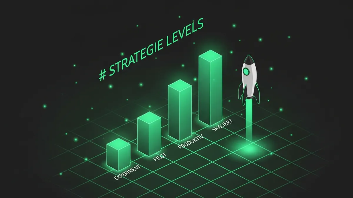 Bar Chart Infografik vier aufsteigende grüne Balken zeigt KI Strategie Levels Experiment bis Skaliert, Inhalt als Tabelle im Text
