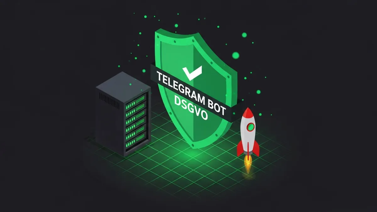 Grünes Schild Telegram Bot DSGVO neben dunklem Server Rack mit Statuslichtern