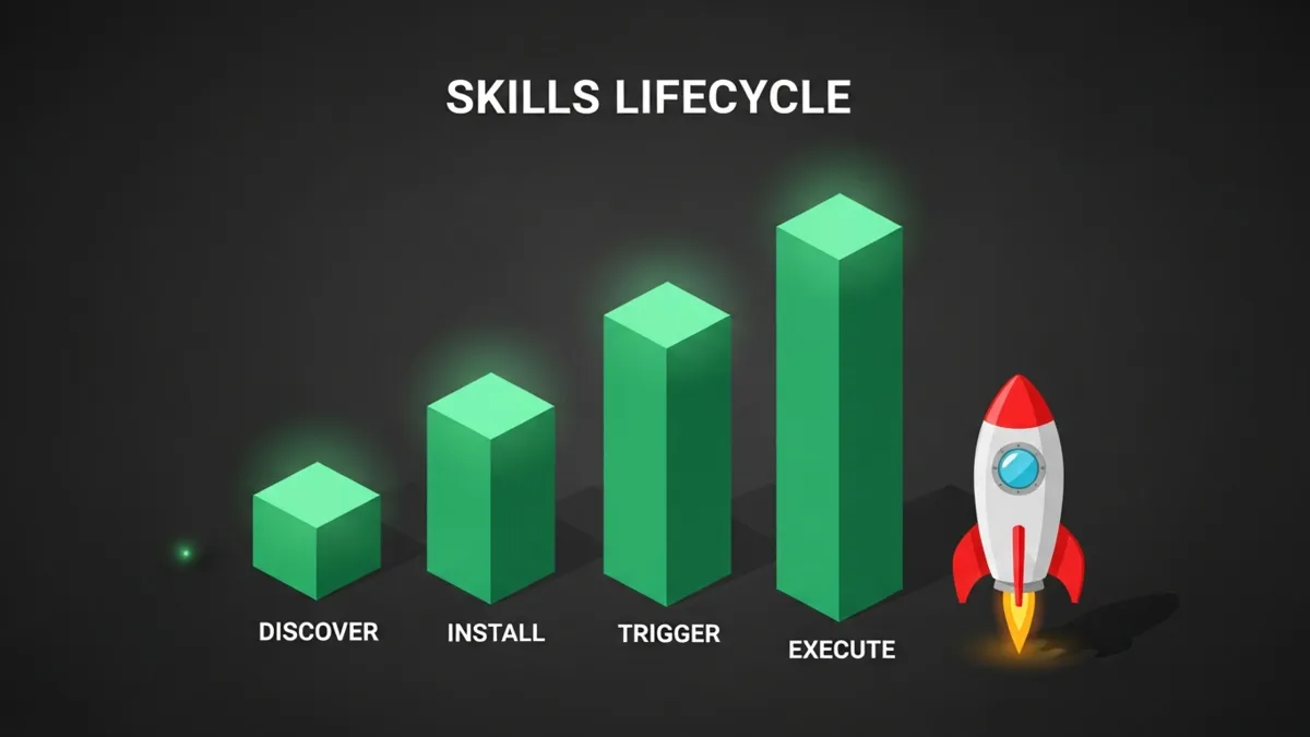 Aufsteigendes Säulendiagramm der vier Skills Lifecycle Phasen Discover, Install, Trigger, Execute. Inhalt steht textuell in der Tabelle darüber.