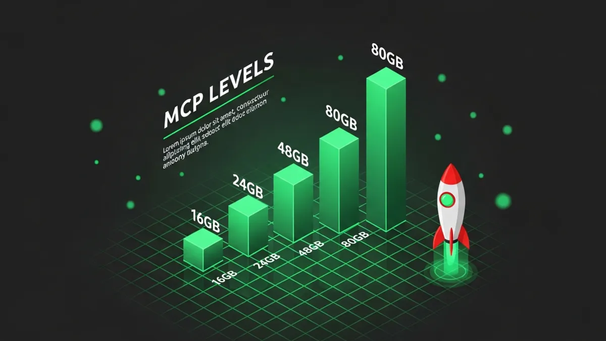 Infografik vier aufsteigende grüne Balken zeigt MCP Levels von 16GB bis 80GB VRAM