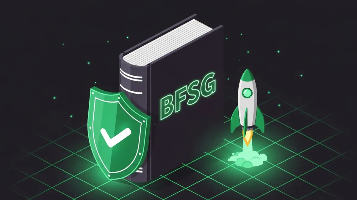 Gesetzbuch mit Schriftzug BFSG und grünem Schild mit weißem Haken