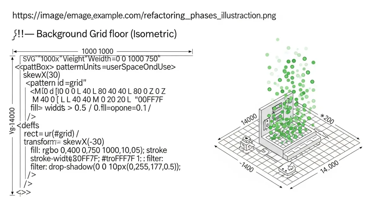 Aufsteigendes Säulendiagramm der vier Refactoring Phasen Analyse Ersetzen Testen Übergabe. Die Phasen stehen textuell im Absatz daneben.