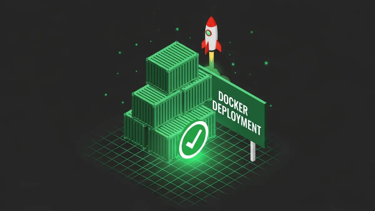 Grün leuchtender Docker Container Stack mit Checkmark und Schriftzug Deployment