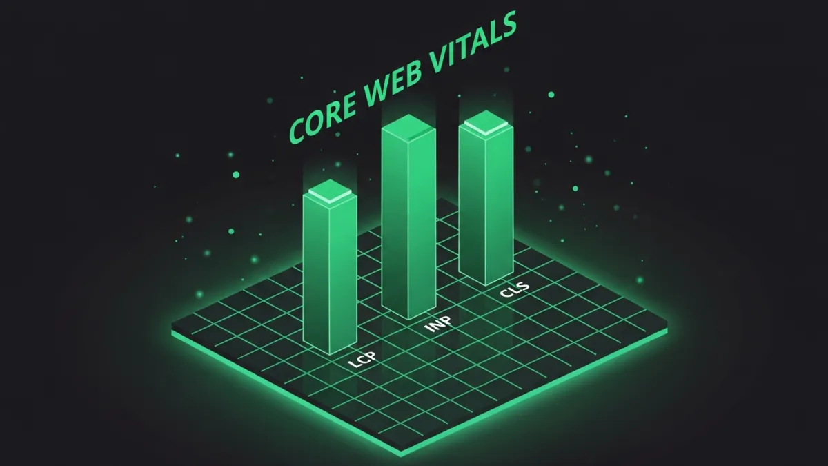 Grünes Balkendiagramm drei Säulen LCP INP CLS zeigt Core Web Vitals Levels