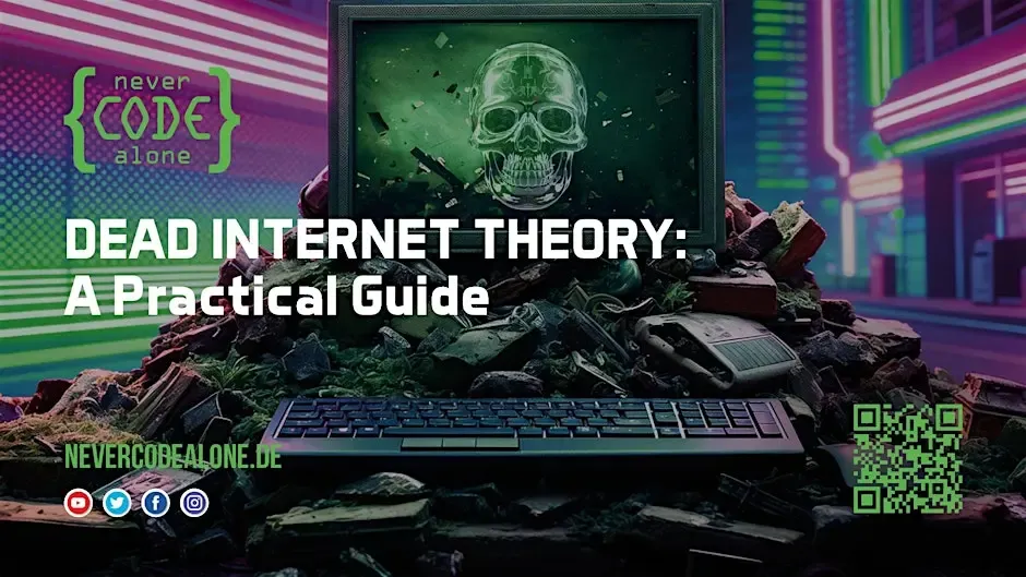 Cyberpunk-Titelbild: Totenschädel auf CRT-Monitor, Schrotthaufen, Neon-Stadt