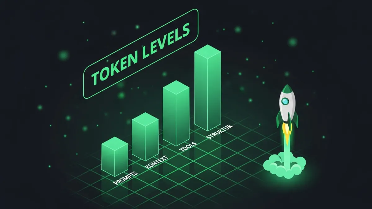 Bar Chart Infografik vier aufsteigende grüne Balken zeigt Token Levels Prompts Kontext Tools Struktur