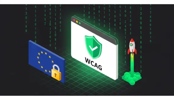 Browser mit WCAG-Checkmark-Schild, EU-Flagge, Rakete auf dunkelblauem Hintergrund