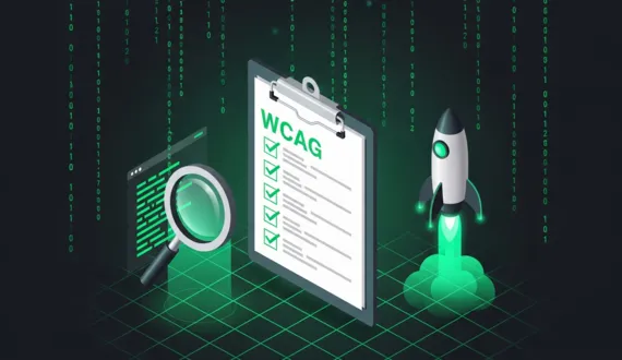 Klemmbrett mit WCAG-Checkliste, Lupe, grüne Rakete auf dunkelblauem Hintergrund