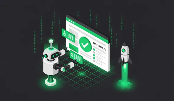 Browser mit Testergebnis-Dashboard, Test-Roboter, grüne Rakete auf dunkelblauem Hintergrund