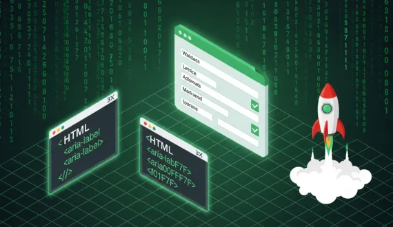 Webformular mit Labels und Checkmarks, HTML-Code-Panel, grüne Rakete auf dunkelblauem Hintergrund